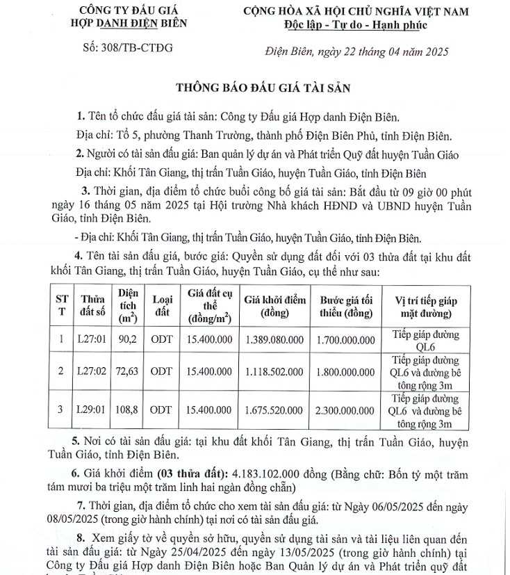 Thông báo đấu giá Quyền sử dụng đất đối với 3 thửa...